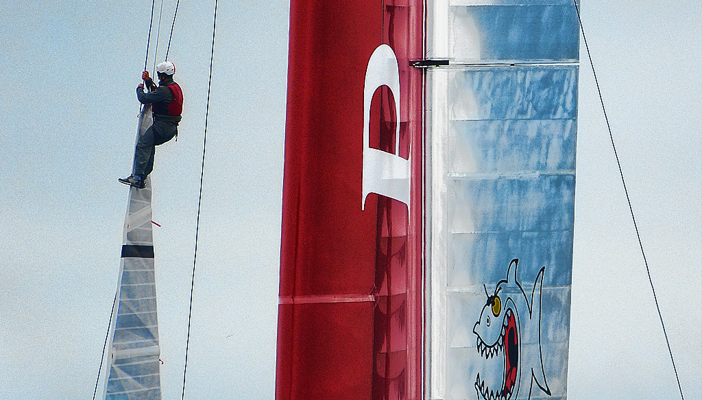 Luna Rossa wing trimmer adjusting high on the mast